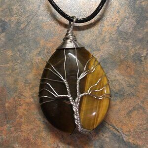 Tiger's Eye Wire Wrapped Tree Of Life Pendant Necklace